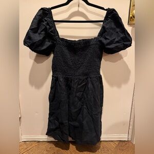 NWT J CREW PUFF SLEEVE RUCHED Black Linen Dress size M